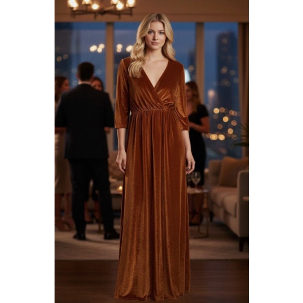 Baltic Born Velvet Maxi Dress Med Rust Surplice Long Sleeve Fall Wedding